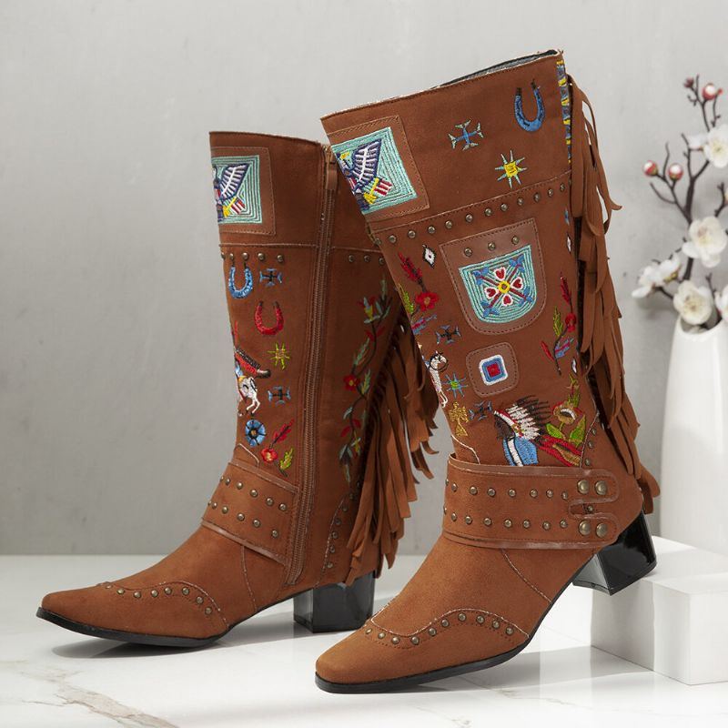 Women's Folkways Embroidered Back Quaste Deocr Wearable Chunky Heel Mid Wadenstiefel