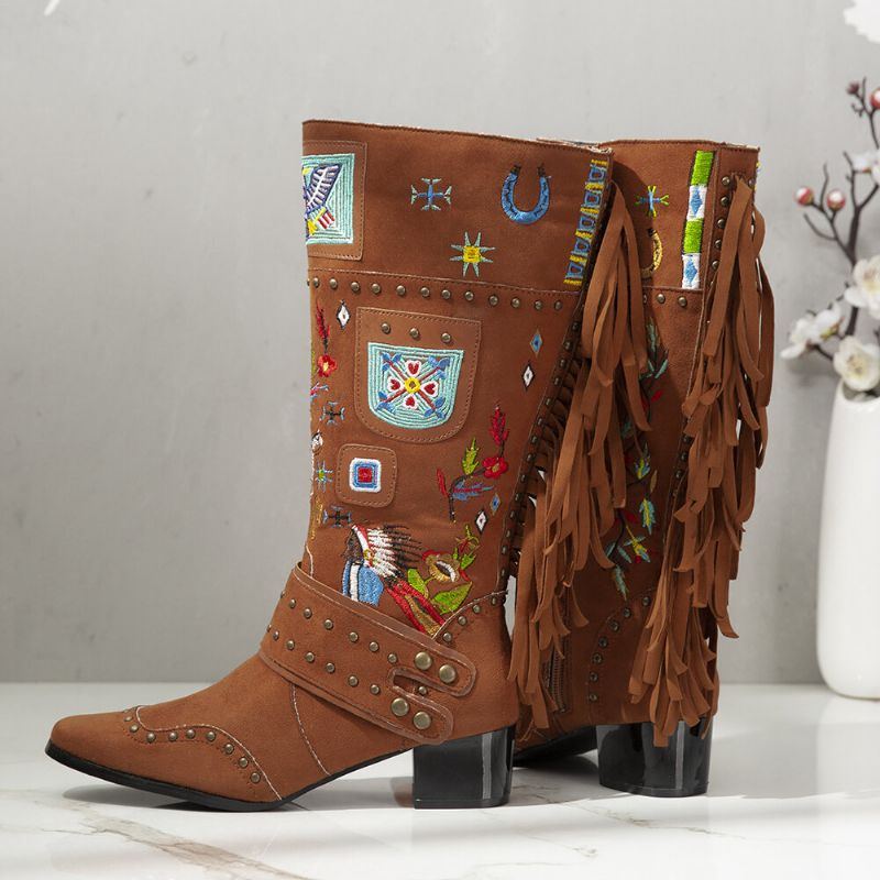 Women's Folkways Embroidered Back Quaste Deocr Wearable Chunky Heel Mid Wadenstiefel