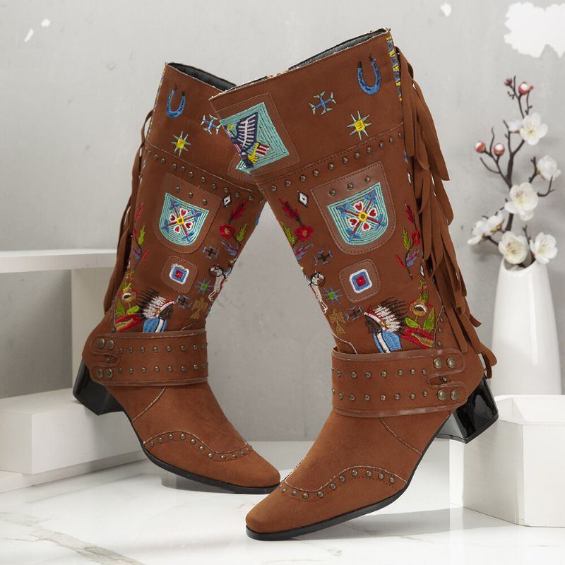 Women's Folkways Embroidered Back Quaste Deocr Wearable Chunky Heel Mid Wadenstiefel