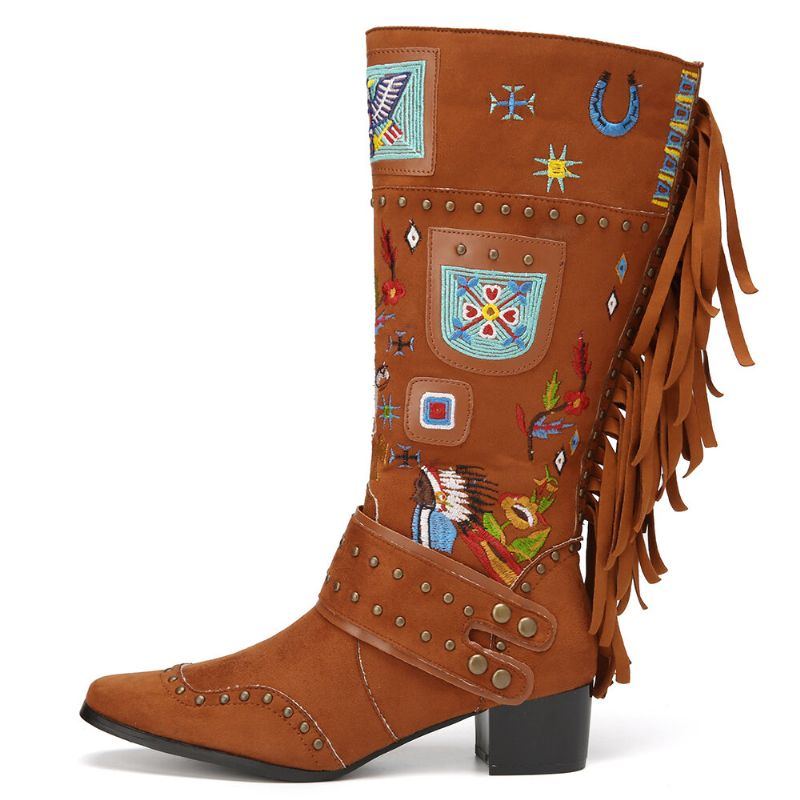 Women's Folkways Embroidered Back Quaste Deocr Wearable Chunky Heel Mid Wadenstiefel