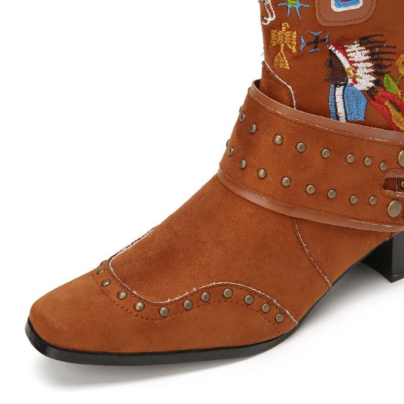 Women's Folkways Embroidered Back Quaste Deocr Wearable Chunky Heel Mid Wadenstiefel