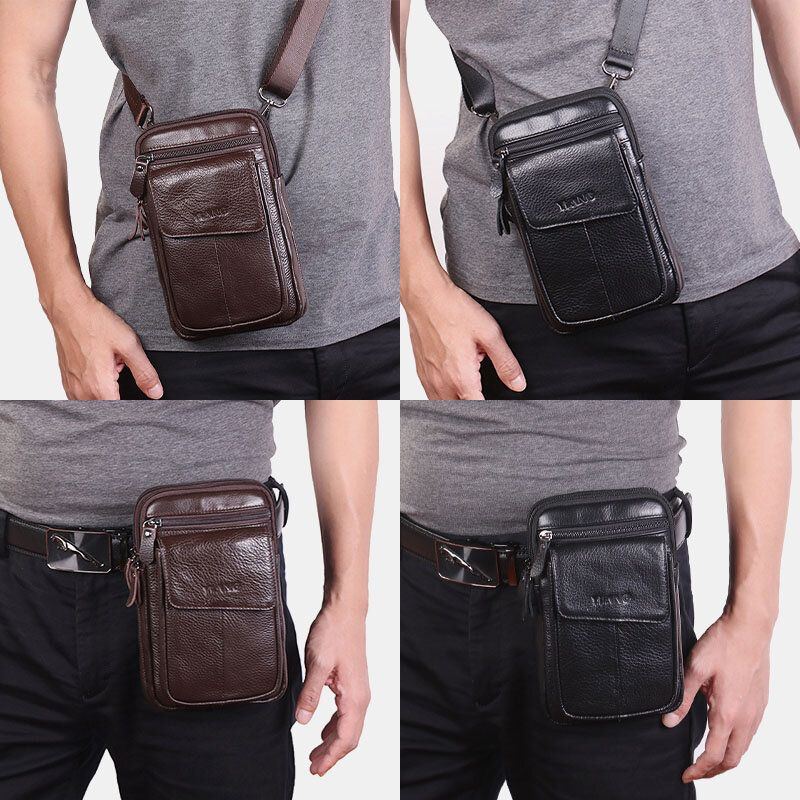 Herren Echtes Leder Handytasche Gürteltasche Gürteltasche 7 Zoll Handytasche Umhängetasche