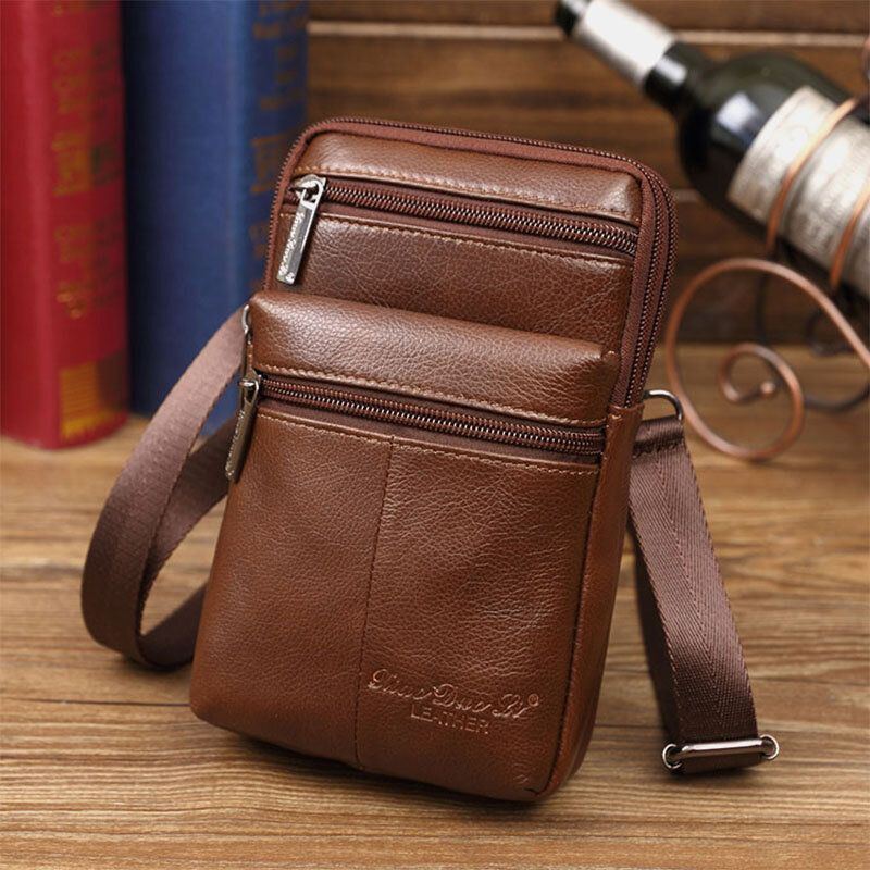 Herren Echtes Leder Mini Multifunktionale Messenger 7 Zoll Handytasche Gürteltasche Umhängetasche