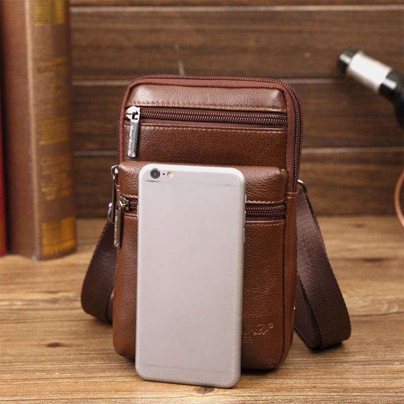 Herren Echtes Leder Mini Multifunktionale Messenger 7 Zoll Handytasche Gürteltasche Umhängetasche