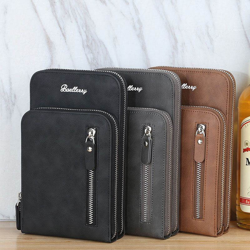 Baellerry Herren Kunstleder Multifunktions Vertikal Große Kapazität Doppelreißverschluss 6.3 Zoll Handytasche Crossbody Bag Wallet