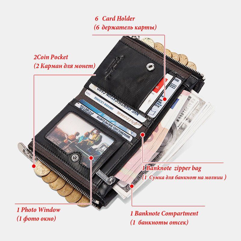 Bifold Geldbörsen Für Herren Multifunktionale Erste Schicht Rindsleder Anti Diebstahl Bürste Doppelter Reißverschluss Kartenhalter Geldscheinklammer Geldbörse