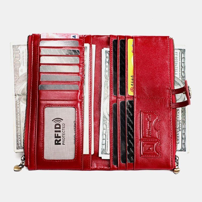 Damen Echtes Leder Antimagnetisch Multi Slots 14 Kartenfächer Reißverschluss Bifold Long Wallet