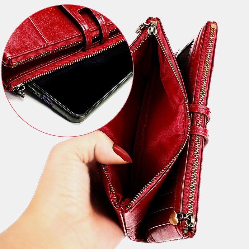 Damen Echtes Leder Antimagnetisch Multi Slots 14 Kartenfächer Reißverschluss Bifold Long Wallet