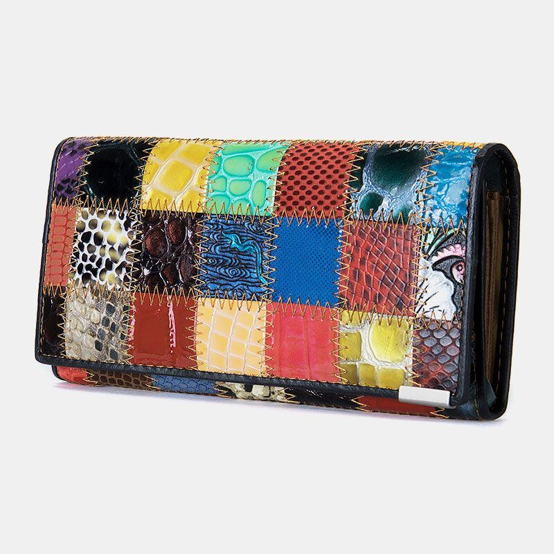 Damen Echtleder Zweifach Gefaltet Farbiges Geometrisches Muster Multi Kartensteckplatz Kartenetui Geldscheinklammer Geldbörse Lange Clutch Geldbörsen