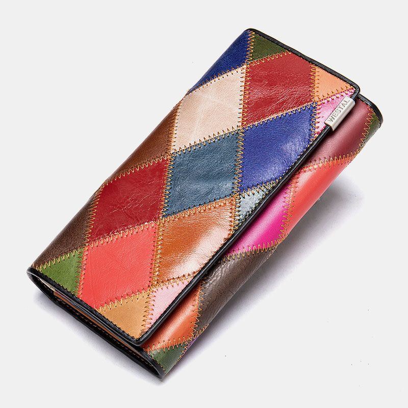 Damen Echtleder Zweifach Gefaltet Farbiges Geometrisches Muster Multi Kartensteckplatz Kartenetui Geldscheinklammer Geldbörse Lange Clutch Geldbörsen