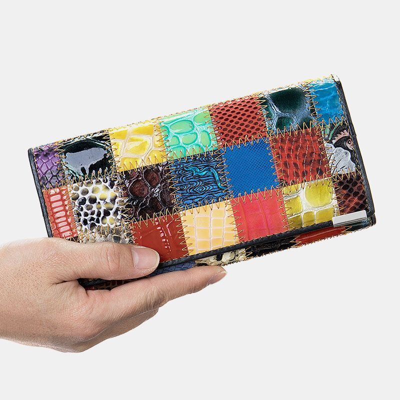 Damen Echtleder Zweifach Gefaltet Farbiges Geometrisches Muster Multi Kartensteckplatz Kartenetui Geldscheinklammer Geldbörse Lange Clutch Geldbörsen