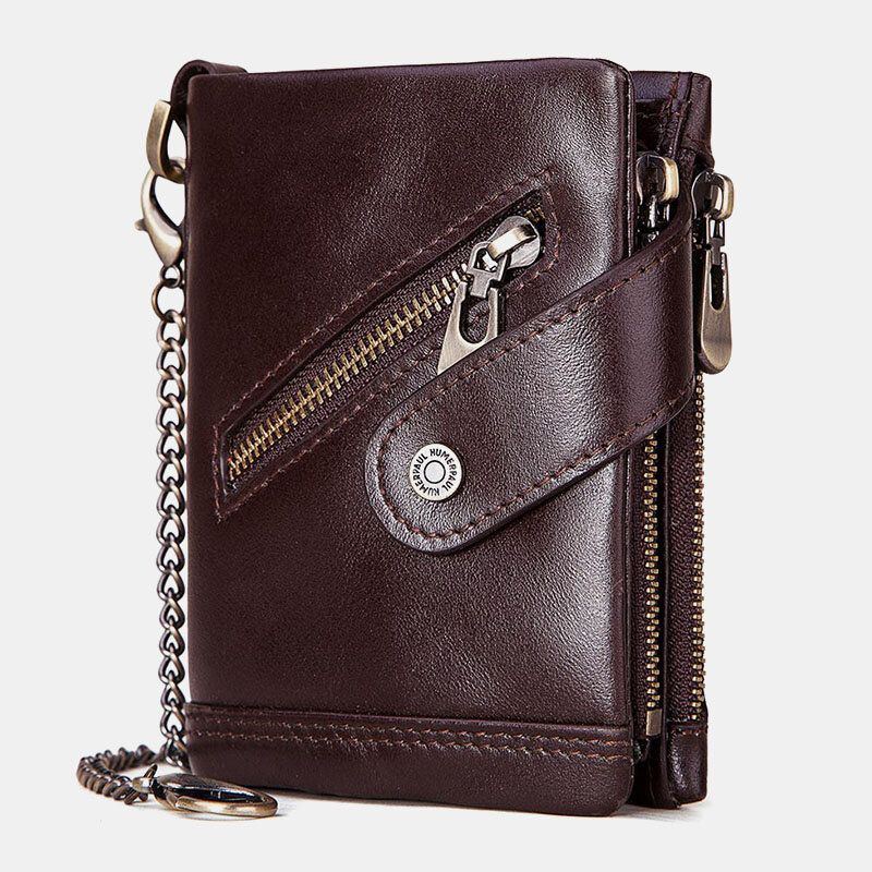 Echtes Leder Rindsleder Anti Diebstahl Retro Reißverschluss Mit Ketten Kartenhalter Brieftasche