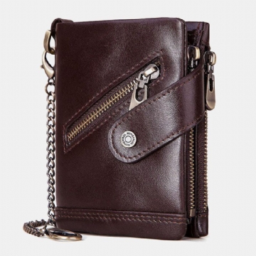 Echtes Leder Rindsleder Anti Diebstahl Retro Reißverschluss Mit Ketten Kartenhalter Brieftasche