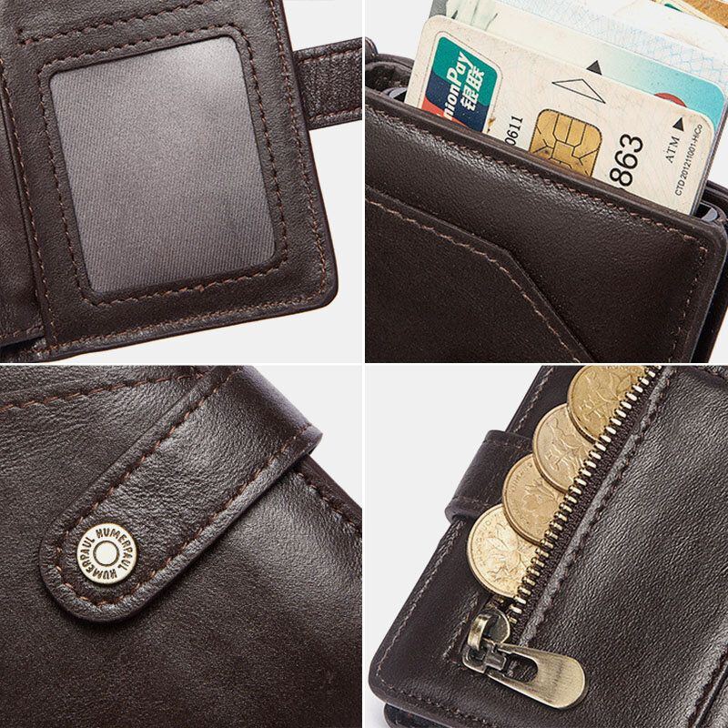 Herren Bifold Short Blocking Antimagnetic Wallet First Layer Rindsleder 9 Kartenfächer Kartenhalter Geldscheinklammer