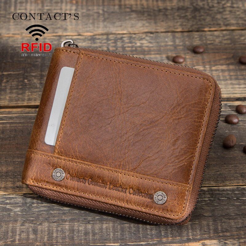 Herren Echtes Leder Anti Diebstahl Nieten Verzierter Reißverschluss Retro Business Multi Card Slot Leder Kartenhalter Geldbörse