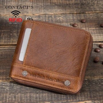 Herren Echtes Leder Anti Diebstahl Nieten Verzierter Reißverschluss Retro Business Multi Card Slot Leder Kartenhalter Geldbörse