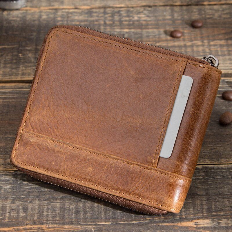 Herren Echtes Leder Anti Diebstahl Nieten Verzierter Reißverschluss Retro Business Multi Card Slot Leder Kartenhalter Geldbörse