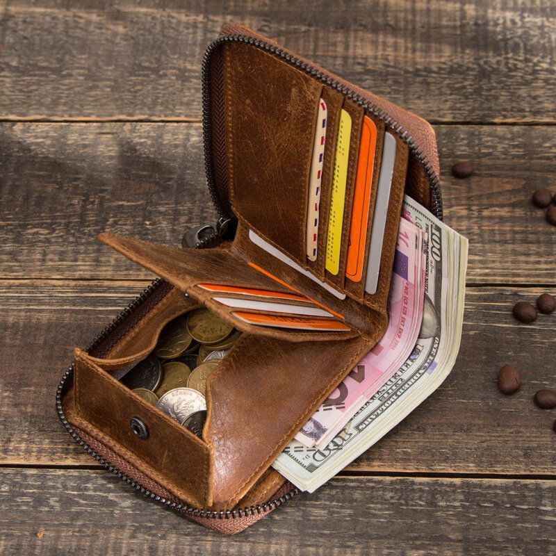 Herren Echtes Leder Anti Diebstahl Nieten Verzierter Reißverschluss Retro Business Multi Card Slot Leder Kartenhalter Geldbörse