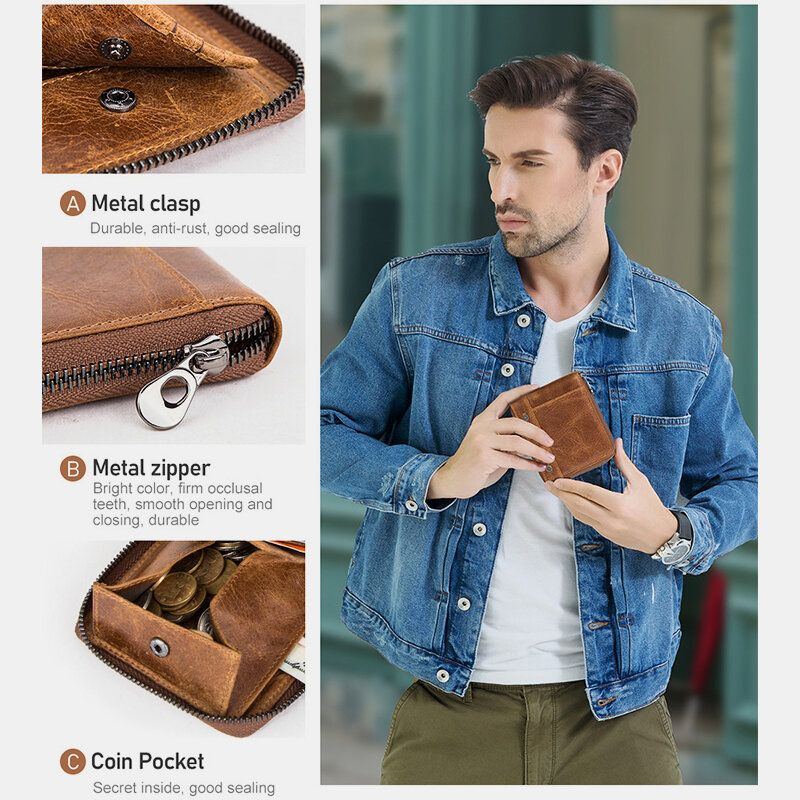 Herren Echtes Leder Anti Diebstahl Nieten Verzierter Reißverschluss Retro Business Multi Card Slot Leder Kartenhalter Geldbörse