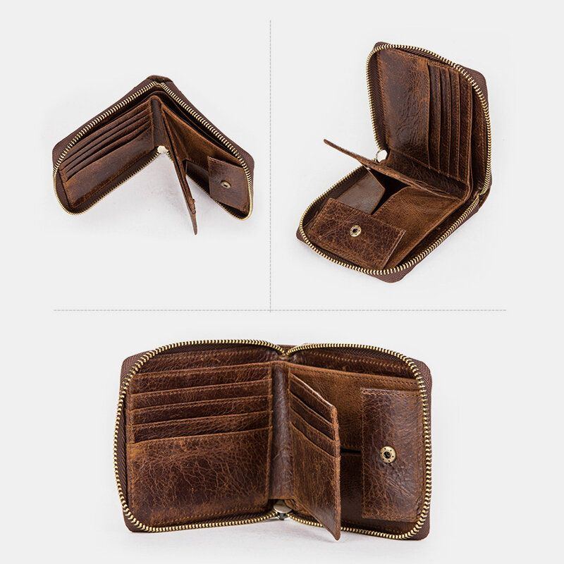 Herren Echtes Leder Anti Diebstahl Nieten Verzierter Reißverschluss Retro Business Multi Card Slot Leder Kartenhalter Geldbörse