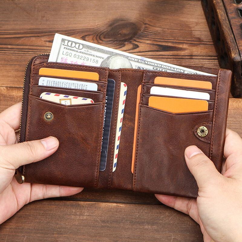 Herren Echtes Leder Anti Diebstahl Retro Business Langlebig Reißverschluss Multi Card Slots Card Holder Wallet