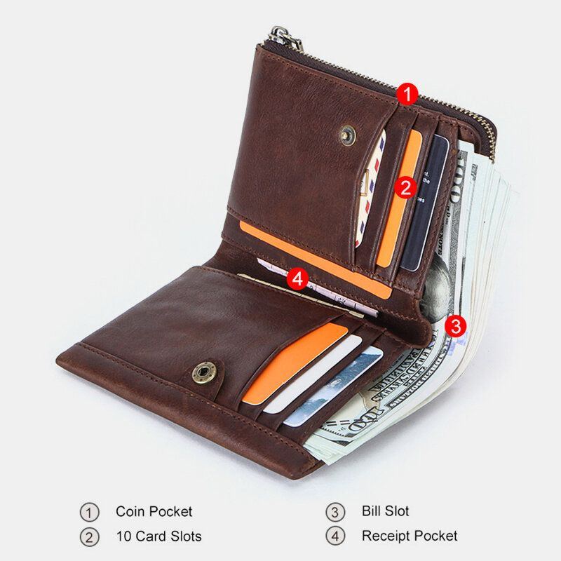 Herren Echtes Leder Anti Diebstahl Retro Business Langlebig Reißverschluss Multi Card Slots Card Holder Wallet