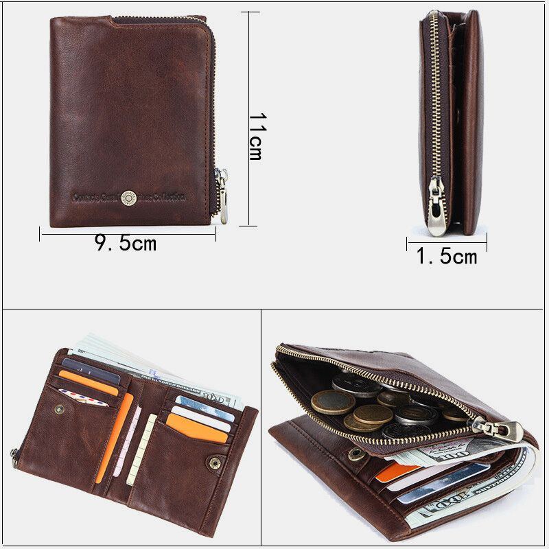 Herren Echtes Leder Anti Diebstahl Retro Business Langlebig Reißverschluss Multi Card Slots Card Holder Wallet