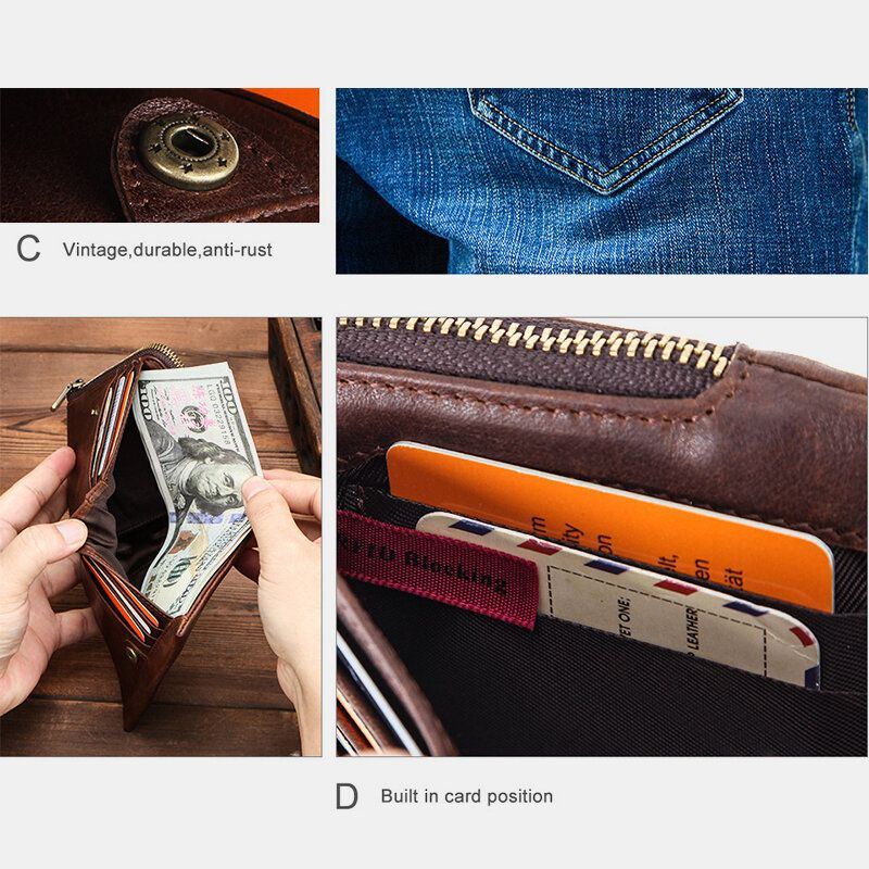 Herren Echtes Leder Anti Diebstahl Retro Business Langlebig Reißverschluss Multi Card Slots Card Holder Wallet