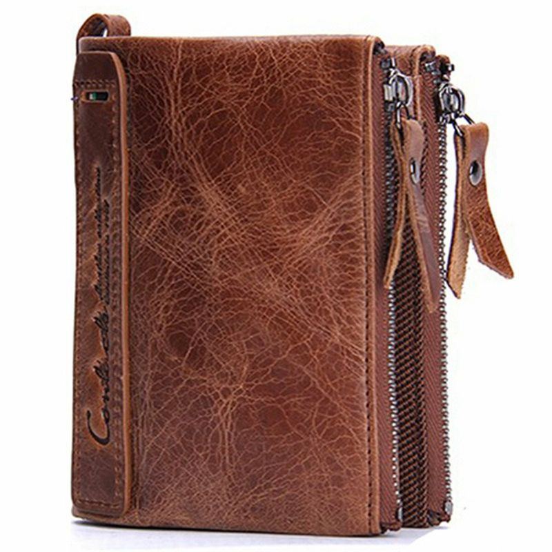 Herren Echtes Leder Bifold Haspe Multi Kartensteckplatz Kartenhalter Retro Double Zipper Pocket Coin Purse Short Money Clip Wallet