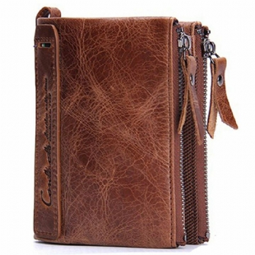 Herren Echtes Leder Bifold Haspe Multi Kartensteckplatz Kartenhalter Retro Double Zipper Pocket Coin Purse Short Money Clip Wallet