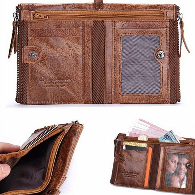 Herren Echtes Leder Bifold Haspe Multi Kartensteckplatz Kartenhalter Retro Double Zipper Pocket Coin Purse Short Money Clip Wallet