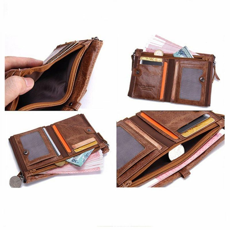 Herren Echtes Leder Bifold Haspe Multi Kartensteckplatz Kartenhalter Retro Double Zipper Pocket Coin Purse Short Money Clip Wallet