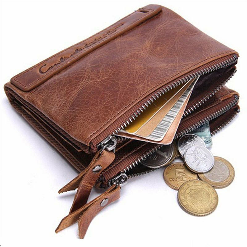 Herren Echtes Leder Bifold Haspe Multi Kartensteckplatz Kartenhalter Retro Double Zipper Pocket Coin Purse Short Money Clip Wallet