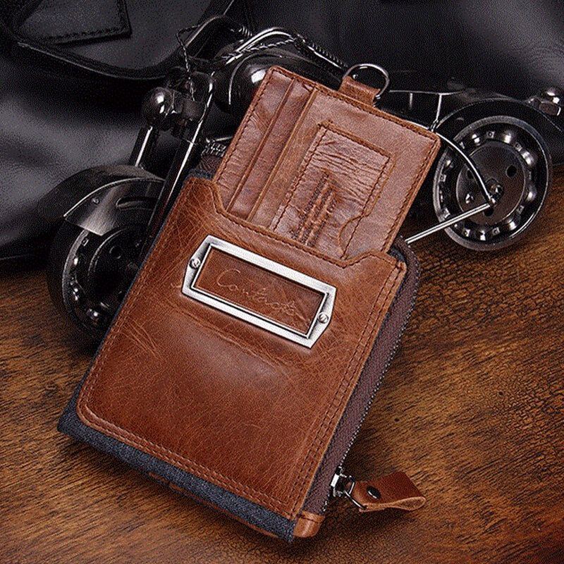 Herren Echtes Leder Reißverschluss Retro Business Multi Card Slot Leder Kartenhalter Geldbörse Mit Abnehmbarer Kartenhalter Tasche