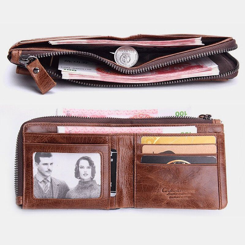 Herren Echtes Leder Reißverschluss Retro Business Multi Card Slot Leder Kartenhalter Geldbörse Mit Abnehmbarer Kartenhalter Tasche