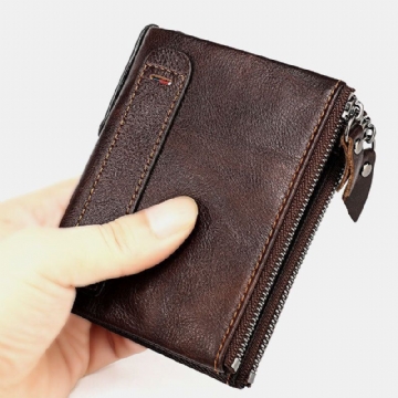 Herren Echtleder Anti Diebstahl Doppelreißverschluss Retro Business Multi Card Slot Leder Kartenhalter Geldbörse