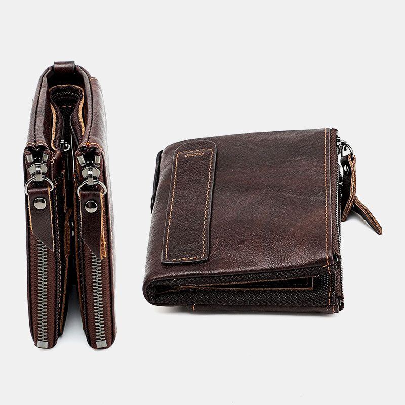 Herren Echtleder Anti Diebstahl Doppelreißverschluss Retro Business Multi Card Slot Leder Kartenhalter Geldbörse