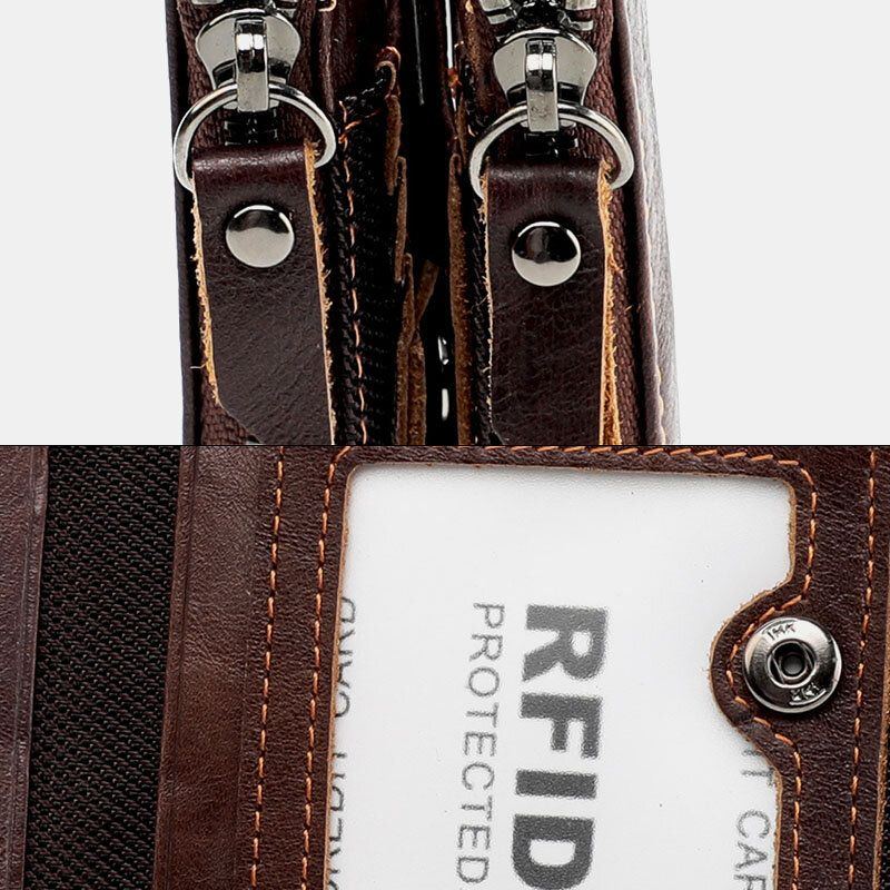 Herren Echtleder Anti Diebstahl Doppelreißverschluss Retro Business Multi Card Slot Leder Kartenhalter Geldbörse