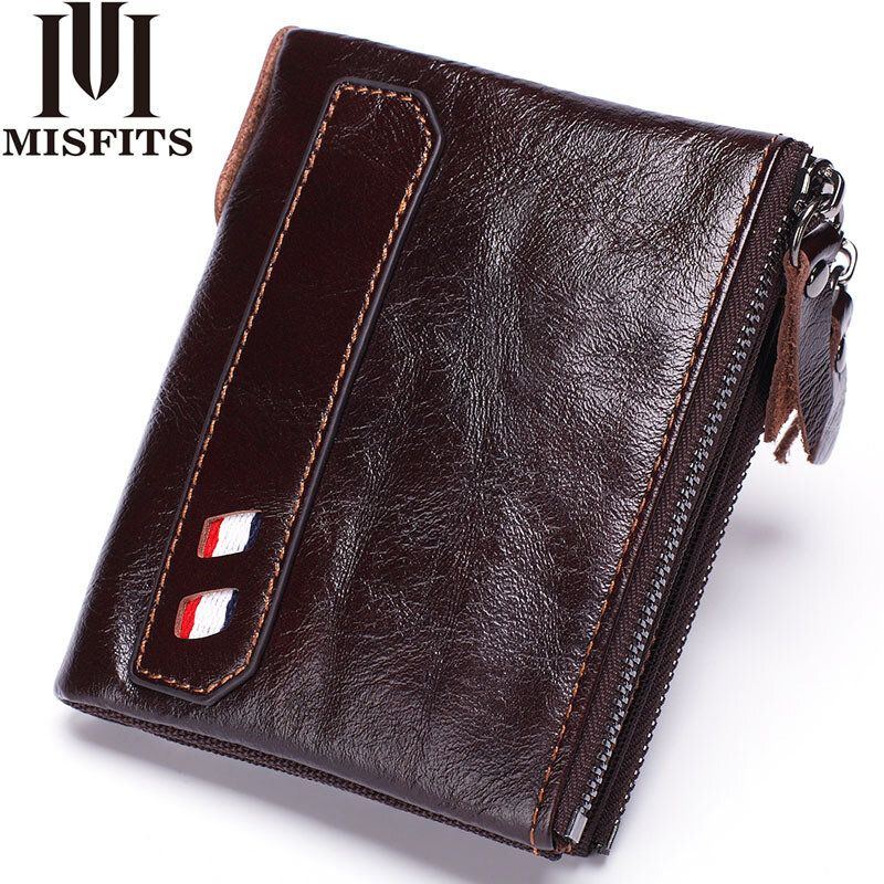 Herren Echtleder Doppelreißverschluss Retro Business Short Hand Carry Card Holder Wallet