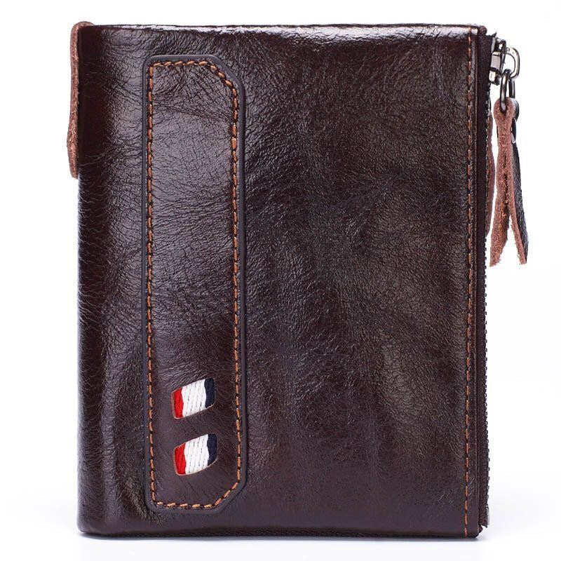 Herren Echtleder Doppelreißverschluss Retro Business Short Hand Carry Card Holder Wallet