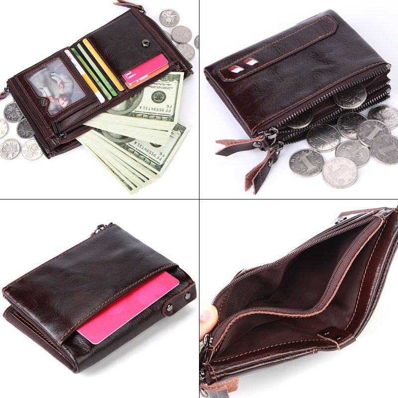 Herren Echtleder Doppelreißverschluss Retro Business Short Hand Carry Card Holder Wallet