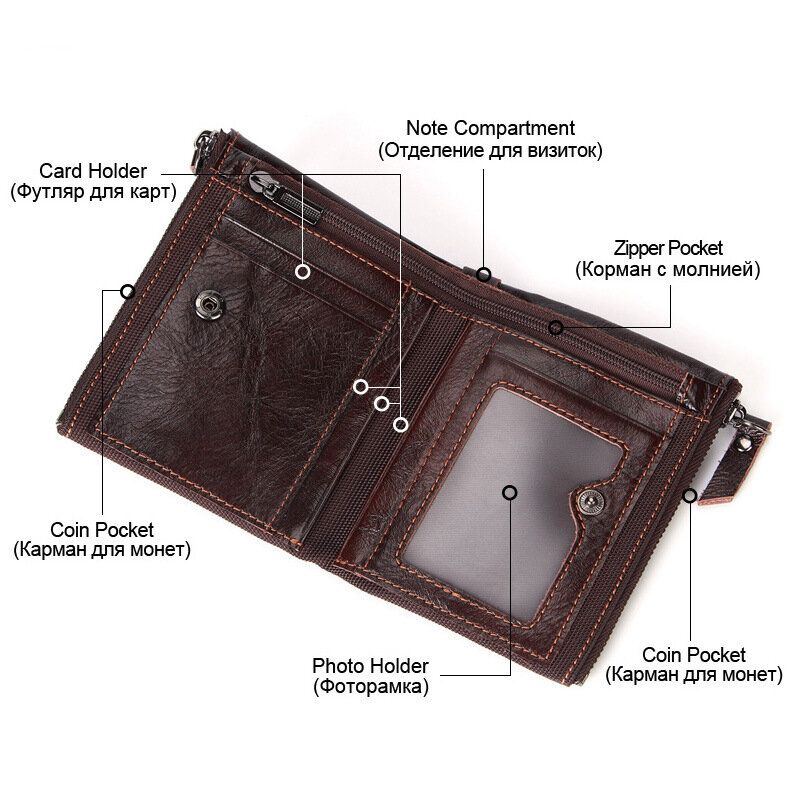 Herren Echtleder Doppelreißverschluss Retro Business Short Hand Carry Card Holder Wallet