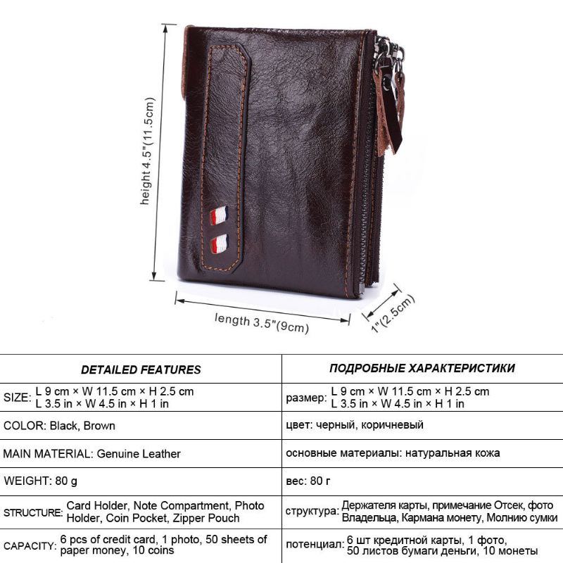 Herren Echtleder Doppelreißverschluss Retro Business Short Hand Carry Card Holder Wallet