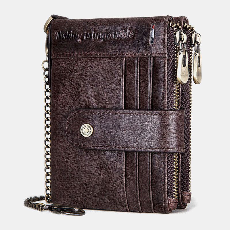 Herren Echtleder Kettenbrieftasche Doppelter Reißverschluss Anti Diebstahl Multi Card Slot Kartenhalter Geldbörse