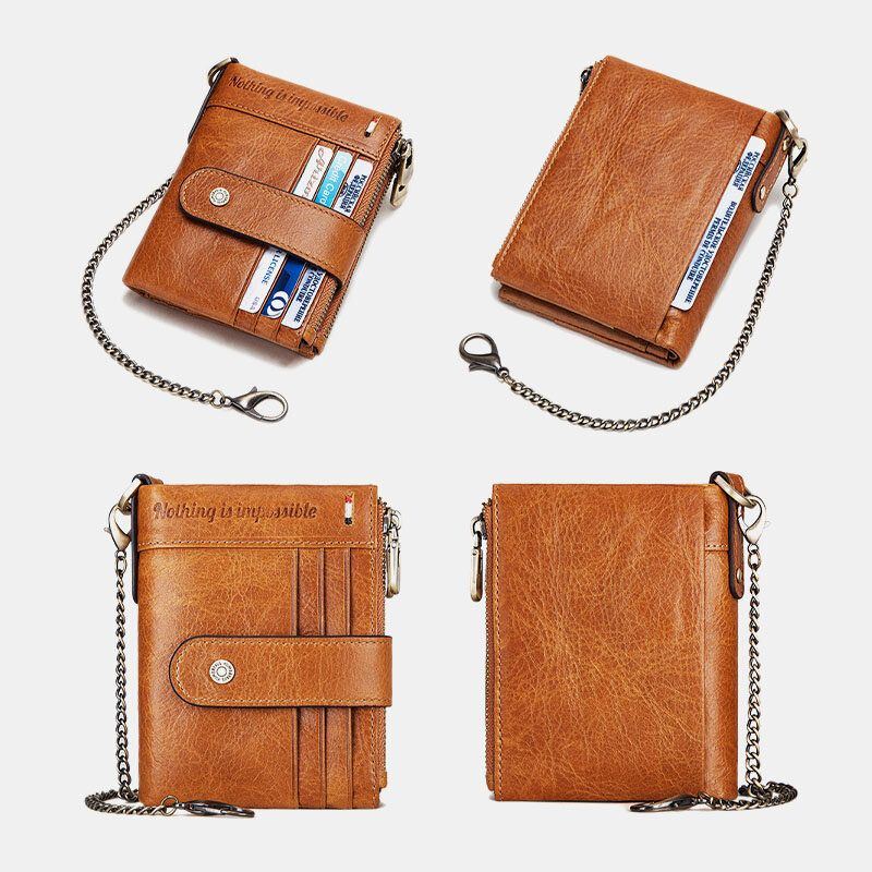 Herren Echtleder Kettenbrieftasche Doppelter Reißverschluss Anti Diebstahl Multi Card Slot Kartenhalter Geldbörse