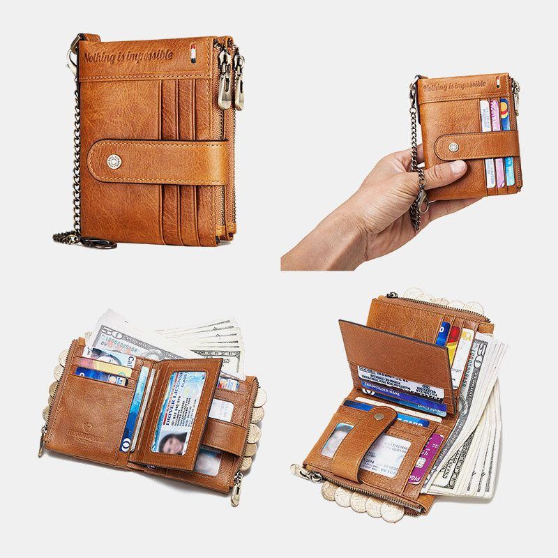 Herren Echtleder Kettenbrieftasche Doppelter Reißverschluss Anti Diebstahl Multi Card Slot Kartenhalter Geldbörse