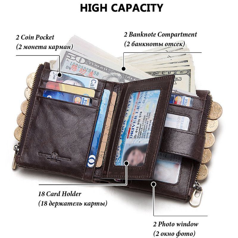 Herren Echtleder Kettenbrieftasche Doppelter Reißverschluss Anti Diebstahl Multi Card Slot Kartenhalter Geldbörse