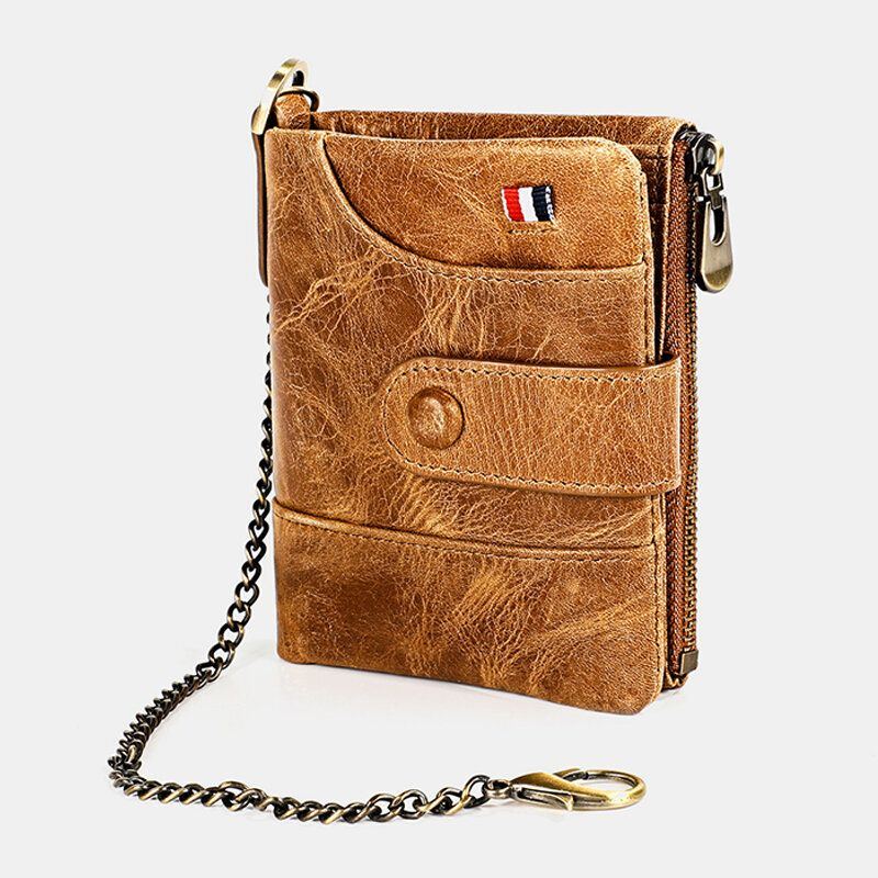 Herren Geldbörse Aus Echtem Leder Mit Doppeltem Reißverschluss Im Retro Business Casual Stil Einfarbig Mit Mehreren Taschen Und Kette