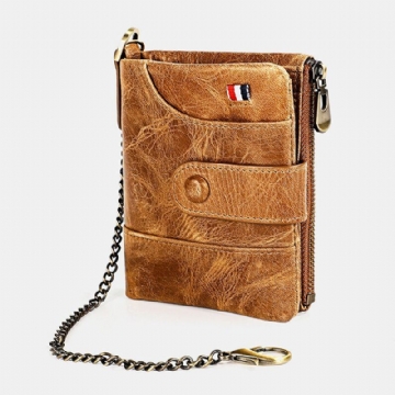 Herren Geldbörse Aus Echtem Leder Mit Doppeltem Reißverschluss Im Retro Business Casual Stil Einfarbig Mit Mehreren Taschen Und Kette