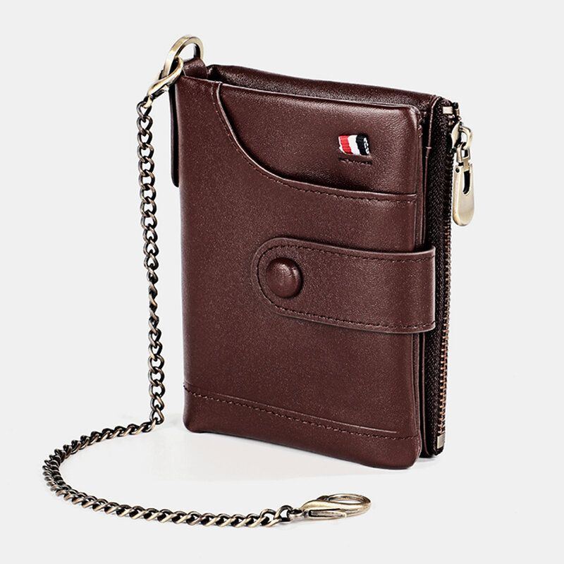 Herren Geldbörse Aus Echtem Leder Mit Doppeltem Reißverschluss Im Retro Business Casual Stil Einfarbig Mit Mehreren Taschen Und Kette